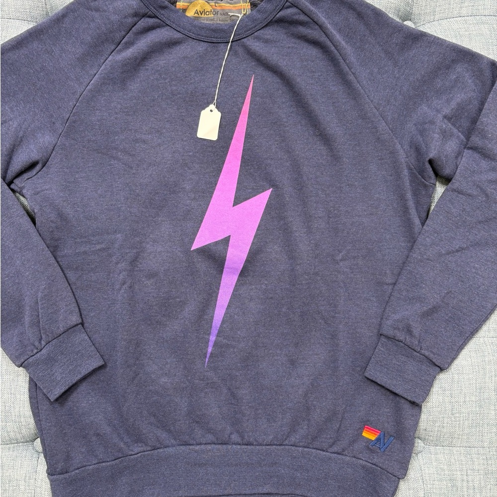 Aviator Nation Navy and Purple Lightning Crewneck Sweater